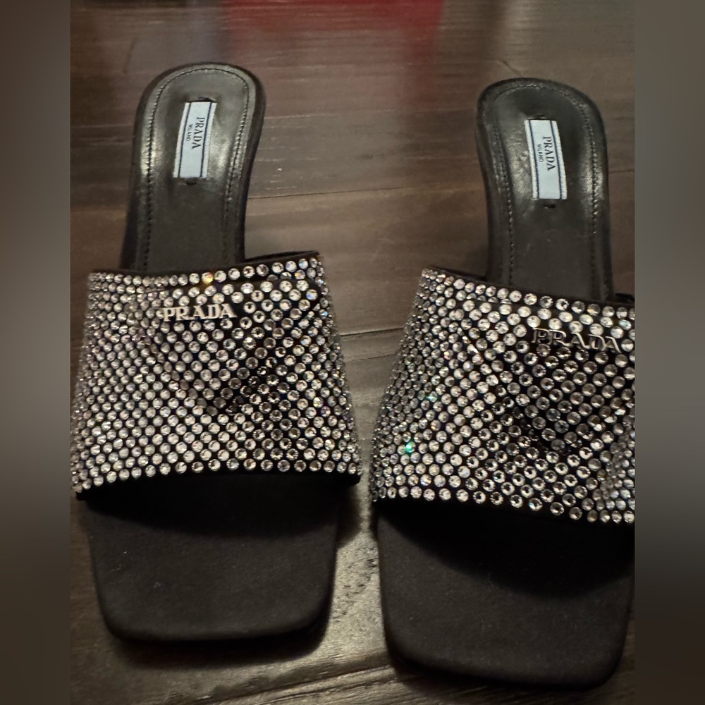 Prada Crystal Embellished open toed mules.